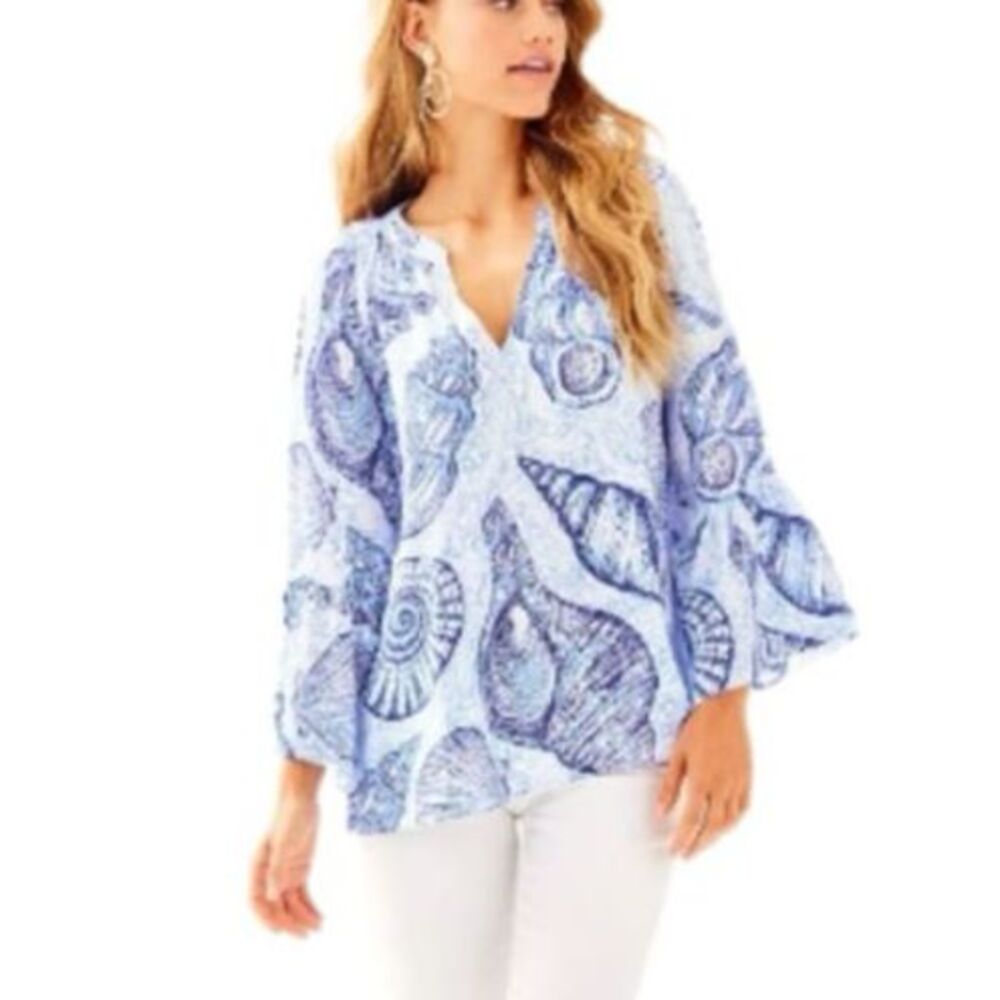 Lilly Pulitzer NWOT Matilda Blue Seashell Print 100% Silk Long Bell Sleeve Top M